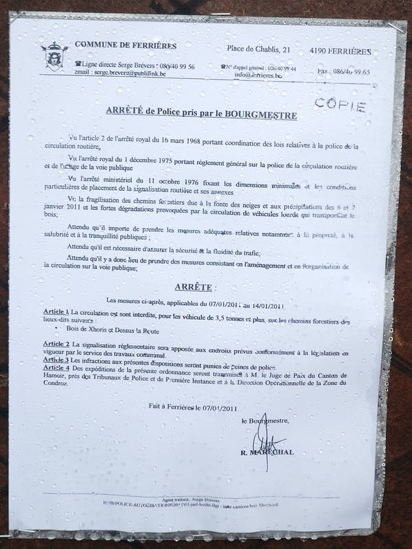 BoisXhoris_09-01-2011_02 Arrêté de police interdisant le passage des engins lourds